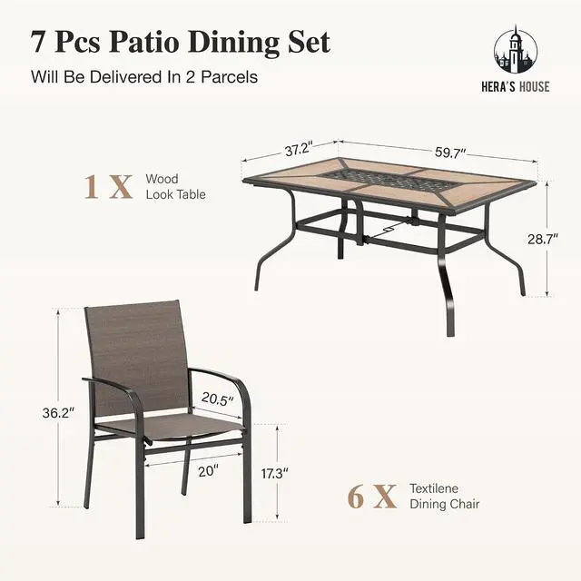 Alt view image 6 of 7 - HERA'S HOUSE 7pc Patio Dining Set, Metal Table with PVC Top, Brown Chairs | 60" rectangular table with umbrella hole, 6 textilene chairs. Waterproof, rust-resistant, all-weather for yard, porch