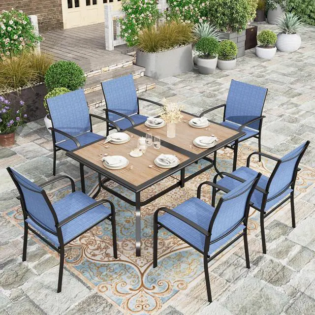 Main image of HERA'S HOUSE 7pc Patio Dining Set, Metal Table with PVC Top, Blue Chairs | 60" rectangular table with umbrella hole, 6 textilene chairs. Waterproof, rust-resistant, all-weather for yard, porch
