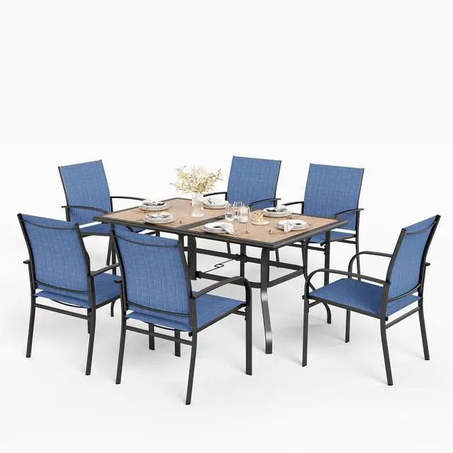 Alt view image 7 of 7 - HERA'S HOUSE 7pc Patio Dining Set, Metal Table with PVC Top, Blue Chairs | 60" rectangular table with umbrella hole, 6 textilene chairs. Waterproof, rust-resistant, all-weather for yard, porch