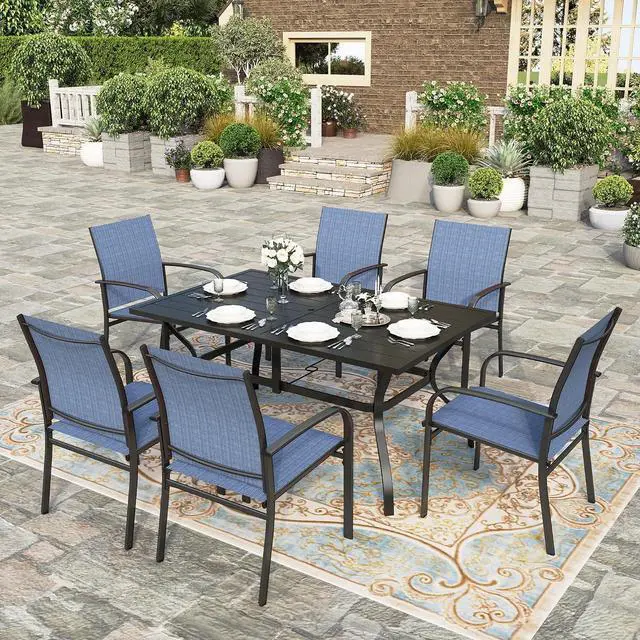 Main image of HERA'S HOUSE 7pc Patio Dining Set, 60" Metal Table, Textilene Chairs | Rectangular table with umbrella hole+ 6 blue chairs. Waterproof, rust-resistant, all-weather for backyard, porch