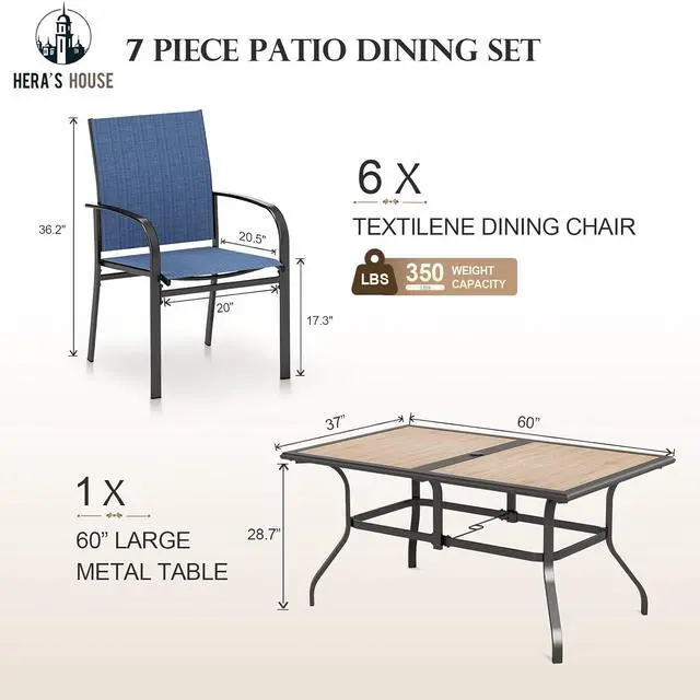 Alt view image 5 of 7 - HERA'S HOUSE 7pc Patio Dining Set, Metal Table with PVC Top, Blue Chairs | 60" rectangular table with umbrella hole, 6 textilene chairs. Waterproof, rust-resistant, all-weather for yard, porch