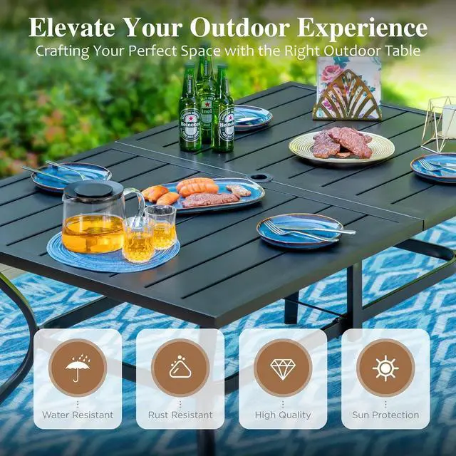 Alt view image 3 of 7 - HERA'S HOUSE 7pc Patio Dining Set, 60" Metal Table, Textilene Chairs | Rectangular table with umbrella hole+ 6 blue chairs. Waterproof, rust-resistant, all-weather for backyard, porch