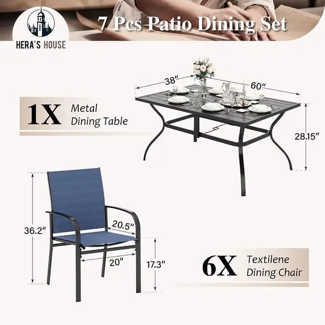 Alt view image 6 of 7 - HERA'S HOUSE 7pc Patio Dining Set, 60" Metal Table, Textilene Chairs | Rectangular table with umbrella hole+ 6 blue chairs. Waterproof, rust-resistant, all-weather for backyard, porch
