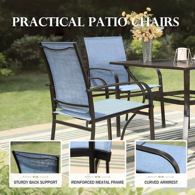 Alt view image 7 of 7 - HERA'S HOUSE 7pc Patio Dining Set, 60" Metal Table, Textilene Chairs | Rectangular table with umbrella hole+ 6 blue chairs. Waterproof, rust-resistant, all-weather for backyard, porch