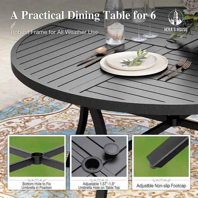 Alt view image 3 of 7 - HERA'S HOUSE 7pc Patio Dining Set, 54" Round Table, 6 Brown Chairs | Outdoor metal table with umbrella hole, textilene chairs. Waterproof, rust-resistant, all-weather for backyard, porch