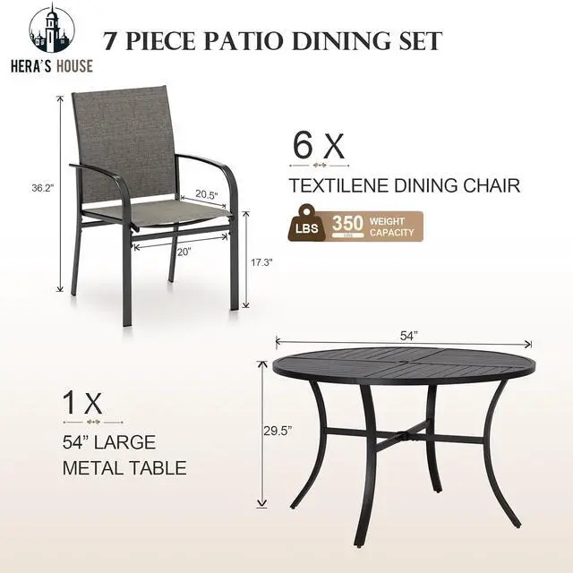 Alt view image 6 of 7 - HERA'S HOUSE 7pc Patio Dining Set, 54" Round Table, 6 Brown Chairs | Outdoor metal table with umbrella hole, textilene chairs. Waterproof, rust-resistant, all-weather for backyard, porch