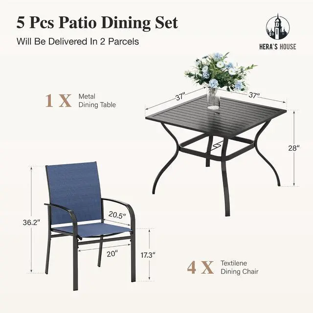Alt view image 6 of 7 - HERA'S HOUSE Patio Table and Chairs for 4, Outdoor Dining Set, Blue | 37" square metal dining table with textilene Chairs, Rust-resistant all-weather for Lawn Garden Backyard