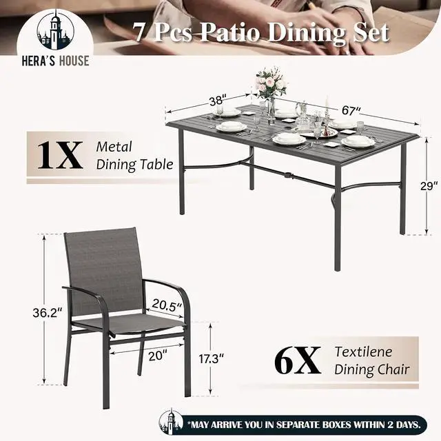 Alt view image 6 of 7 - HERA'S HOUSE 7pc Outdoor Patio Dining Set, 6 Textilene Chairs, Brown | 67" rectangular metal table with umbrella hole. Waterproof, rust-resistant, all-weather for backyard, porch