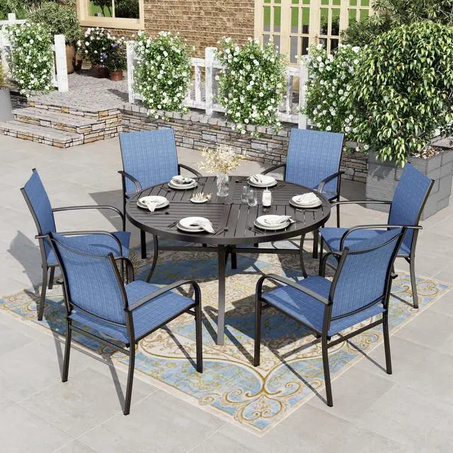 Main image of HERA'S HOUSE 7pc Patio Dining Set, 54" Round Table, 6 Blue Chairs | Outdoor metal table with umbrella hole, textilene chairs. Waterproof, rust-resistant, all-weather for backyard, porch