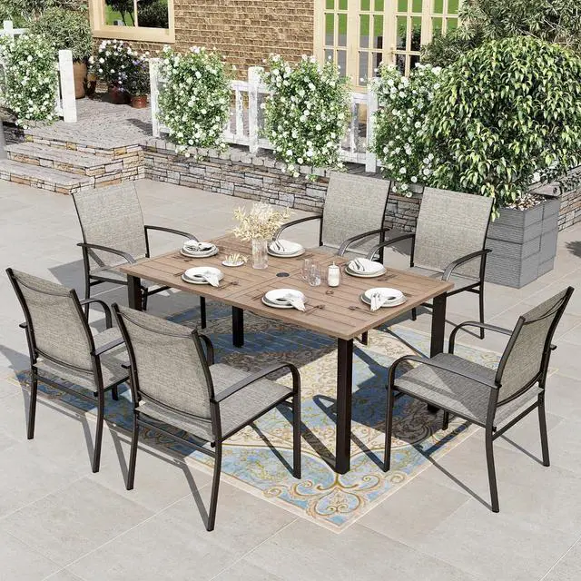 Main image of HERA'S HOUSE 7pc Patio Dining Set, Wood-Like Metal Table, 6 Brown Chairs | 60" rectangular table with umbrella hole. Waterproof, rust-resistant, all-weather for backyard, porch