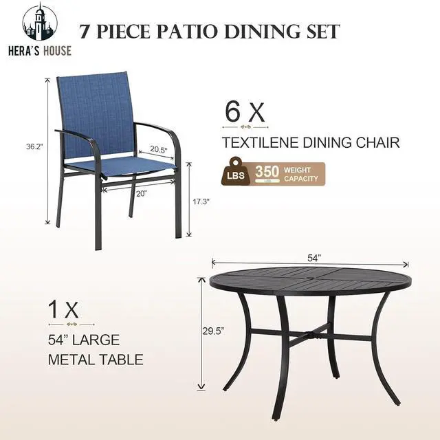 Alt view image 6 of 7 - HERA'S HOUSE 7pc Patio Dining Set, 54" Round Table, 6 Blue Chairs | Outdoor metal table with umbrella hole, textilene chairs. Waterproof, rust-resistant, all-weather for backyard, porch