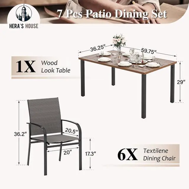 Alt view image 5 of 7 - HERA'S HOUSE 7pc Patio Dining Set, Wood-Like Metal Table, 6 Brown Chairs | 60" rectangular table with umbrella hole. Waterproof, rust-resistant, all-weather for backyard, porch