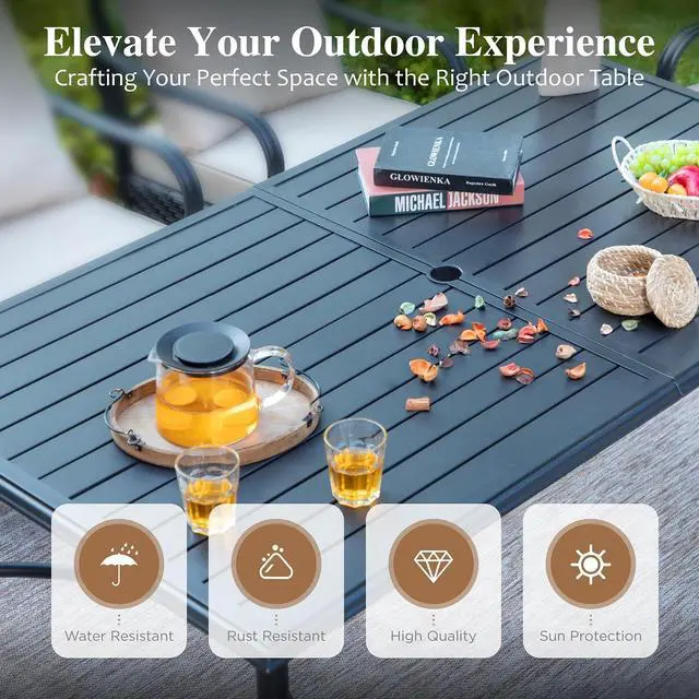 Alt view image 7 of 7 - HERA'S HOUSE 7pc Outdoor Patio Dining Set, 6 Textilene Chairs, Blue | 67" rectangular metal table with umbrella hole. Waterproof, rust-resistant, all-weather for backyard, porch