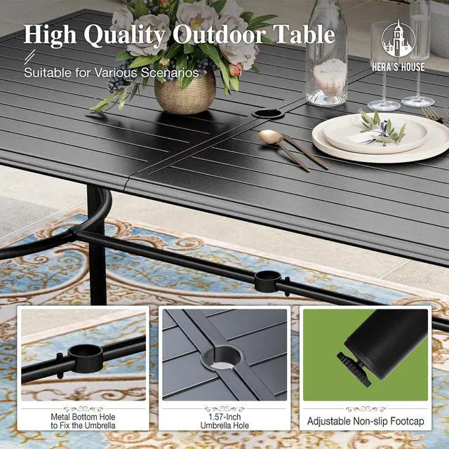 Alt view image 4 of 7 - HERA'S HOUSE 7pc Outdoor Patio Dining Set, 6 Textilene Chairs, Blue | 67" rectangular metal table with umbrella hole. Waterproof, rust-resistant, all-weather for backyard, porch