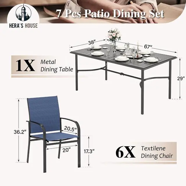 Alt view image 6 of 7 - HERA'S HOUSE 7pc Outdoor Patio Dining Set, 6 Textilene Chairs, Blue | 67" rectangular metal table with umbrella hole. Waterproof, rust-resistant, all-weather for backyard, porch