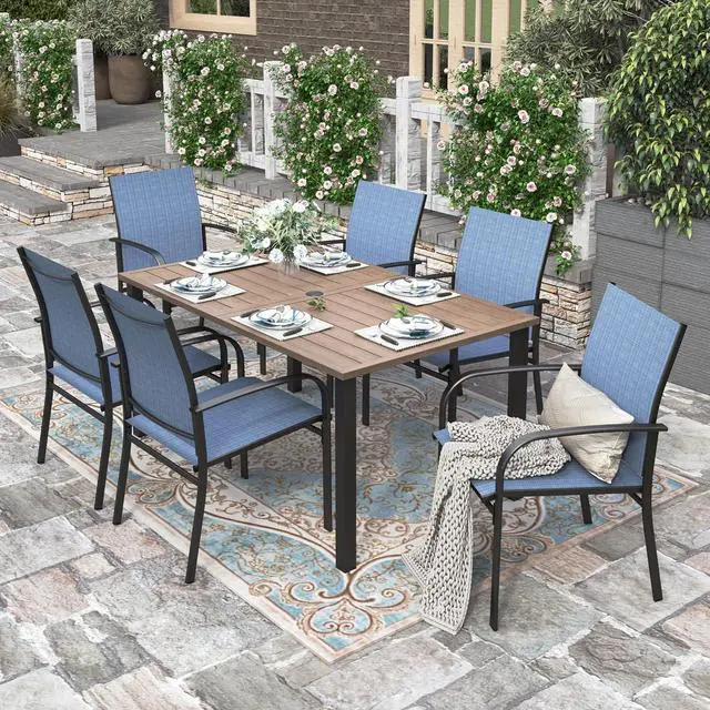 Main image of HERA'S HOUSE 7 Pieces Outdoor Dining Set, Wood-Grain Metal Table with Umbrella Hole, Patio Table and Chairs for Yard Garden Porch Poolside, Blue