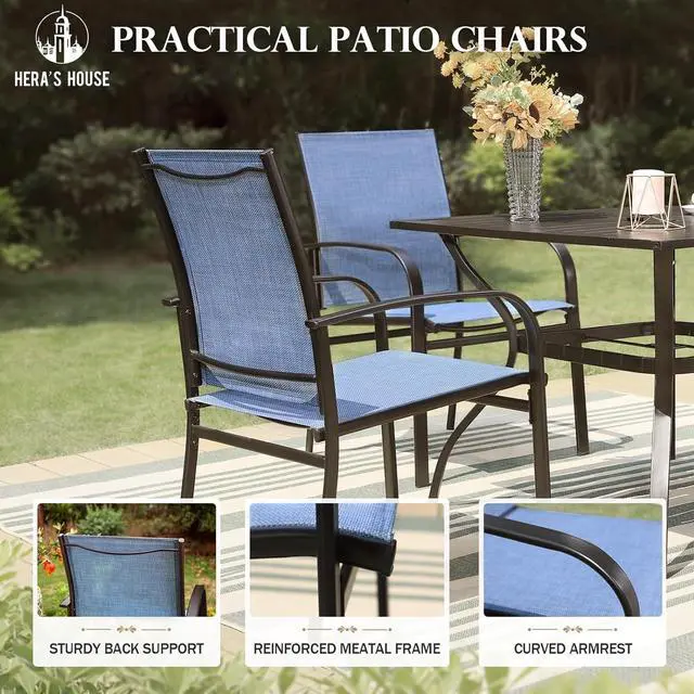 Alt view image 7 of 7 - HERA'S HOUSE 7 Pieces Outdoor Dining Set, Wood-Grain Metal Table with Umbrella Hole, Patio Table and Chairs for Yard Garden Porch Poolside, Blue