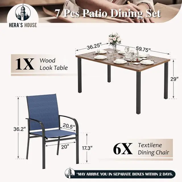 Alt view image 6 of 7 - HERA'S HOUSE 7 Pieces Outdoor Dining Set, Wood-Grain Metal Table with Umbrella Hole, Patio Table and Chairs for Yard Garden Porch Poolside, Blue