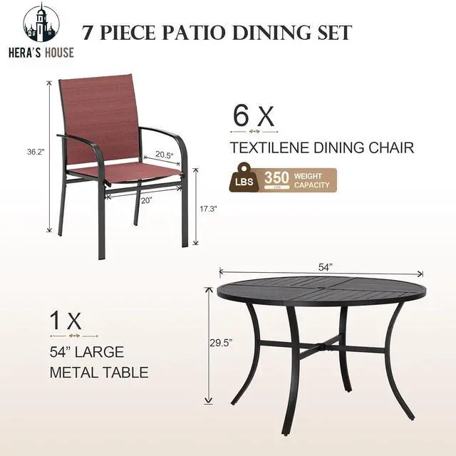 Alt view image 6 of 7 - HERA'S HOUSE 7pc Patio Dining Set, 54" Round Table, 6 Red Chairs | Outdoor metal table with umbrella hole, textilene chairs. Waterproof, rust-resistant, all-weather for backyard, porch