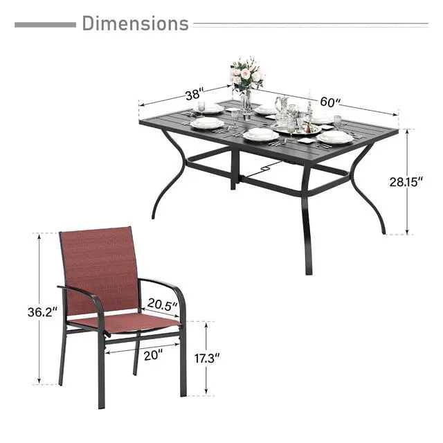 Alt view image 6 of 7 - HERA'S HOUSE 7pc Patio Dining Set, 60" Metal Table, Textilene Chairs | Rectangular table with umbrella hole+ 6 red chairs. Waterproof, rust-resistant, all-weather for backyard, porch