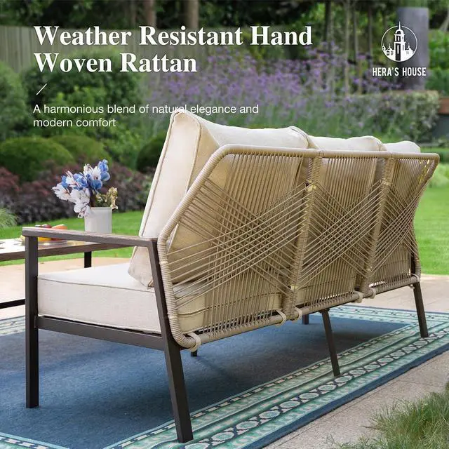Alt view image 3 of 7 - HERA'S HOUSE Rattan Patio Conversation Set, 5-Seat, Swivel Chairs, | 1 3-Seat Sofa, Coffee Table, High Back, All-Weather, Beige