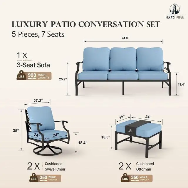 Alt view image 5 of 5 - HERA'S HOUSE 5-Piece Metal Wrought Iron Outdoor Conversation Set, 7 Seats | Blue Swivel Chair + Ottoman, Single chairs could support up to 350lbs