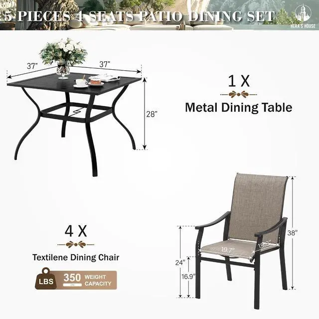 Alt view image 6 of 7 - HERA'S HOUSE 5 Pieces Patio Dining Set, Outdoor Dining Set for 4, 4 x Textilene Dining Chair, 1 x 37 Square Metal Dining Table for Lawn Garden Backyard Deck