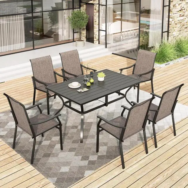 Main image of HERA'S HOUSE Outdoor Dining Set 7 Piece Patio Dining Sets, 6 Brown Textilene Chairs and 1 Rectangular Metal Dining Table, Patio Furniture Set for Deck Backyard Lawn Garden Porch