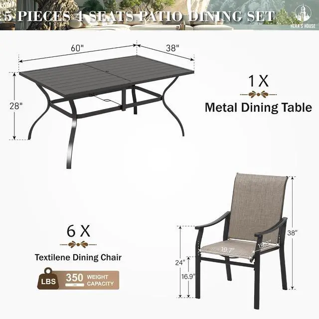Alt view image 6 of 7 - HERA'S HOUSE Outdoor Dining Set 7 Piece Patio Dining Sets, 6 Brown Textilene Chairs and 1 Rectangular Metal Dining Table, Patio Furniture Set for Deck Backyard Lawn Garden Porch