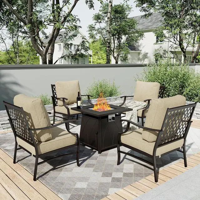 Main image of HERA'S HOUSE 5-Piece Steel Wrought Iron Outdoor Conversation Set, 4 Seats | Fire Pit Table, Beige Leg Chair, Single chairs could support up to 350lbs