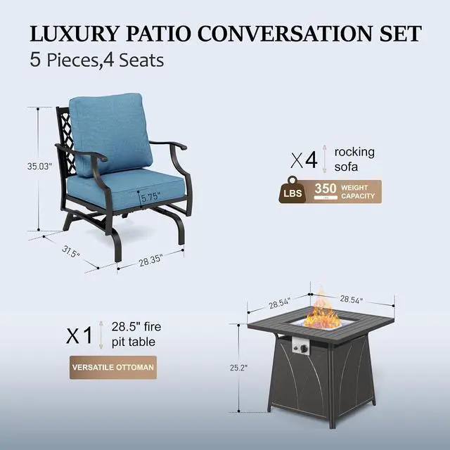 Alt view image 6 of 6 - HERA'S HOUSE 5 Pcs Patio Furniture Set with Fire Pit Table, 4 x Thick Cushioned Rocking Chairs, 1 x 28 Fire Pit Table (50,000 BTU), Conversation Set for Garden Backyard Lawn, Navy Blue