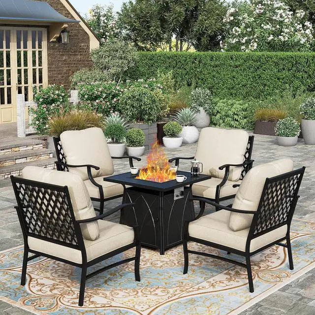 Alt view image 7 of 7 - HERA'S HOUSE 5-Piece Steel Wrought Iron Outdoor Conversation Set, 4 Seats | Fire Pit Table, Beige Leg Chair, Single chairs could support up to 350lbs