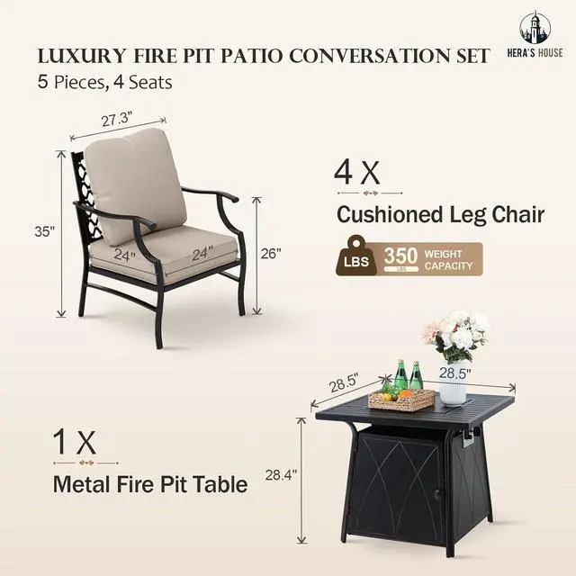 Alt view image 6 of 7 - HERA'S HOUSE 5-Piece Steel Wrought Iron Outdoor Conversation Set, 4 Seats | Fire Pit Table, Beige Leg Chair, Single chairs could support up to 350lbs
