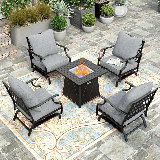 Main image of HERA'S HOUSE 5 Pcs Patio Furniture Set with Fire Pit Table, 4 x Thick Cushioned Rocking Chairs, 1 x 28 Fire Pit Table (50,000 BTU), All Weather Outdoor Conversation Set for Garden Backyard Lawn Grey
