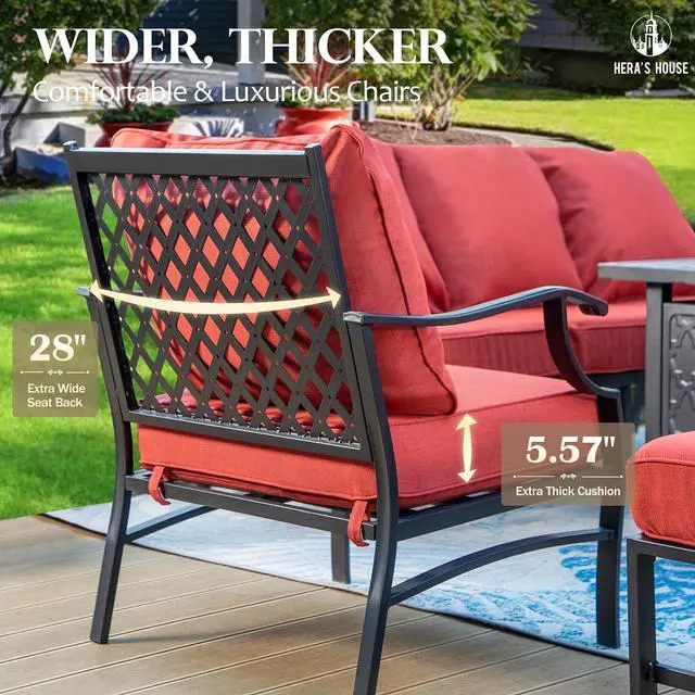 Alt view image 4 of 6 - HERA'S HOUSE 4-Piece Metal Outdoor Conversation Set, 5 Seats, Red Leg Chair | Coffee Table, Single chairs could support up to 350lbs