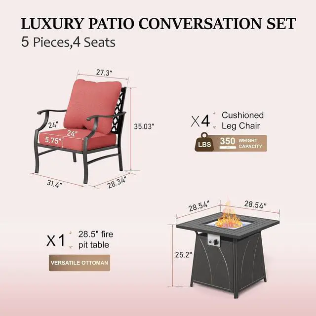 Alt view image 6 of 6 - HERA'S HOUSE 5-Piece Steel Wrought Iron Outdoor Conversation Set, 4 Seats | Fire Pit Table, Red Leg Chair, Single chairs could support up to 350lbs