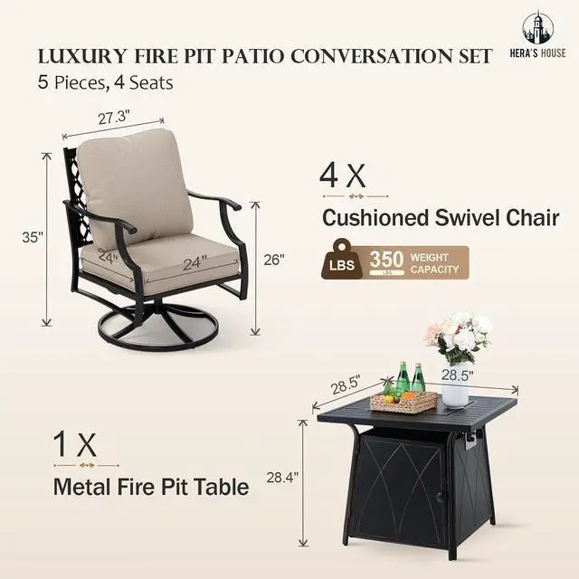 Alt view image 6 of 7 - HERA'S HOUSE 5-Piece Steel Wrought Iron Outdoor Conversation Set, 4 Seats | 28 in Fire Pit Table, Beige Swivel Chair, Single chairs could support up to 350lbs