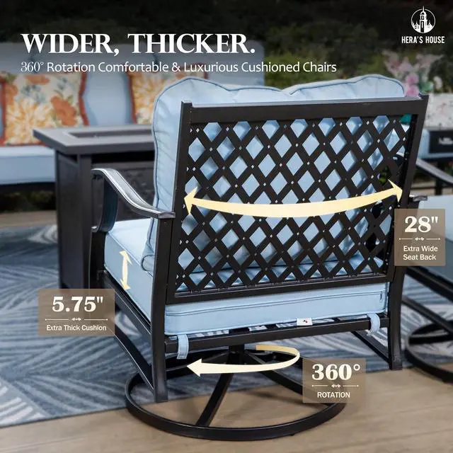 Alt view image 3 of 7 - HERA'S HOUSE 6-Piece Metal Steel Outdoor Conversation Set, Fire Pit Table | 7 Seats, Blue, Single chairs could support up to 350lbs, Contemporary