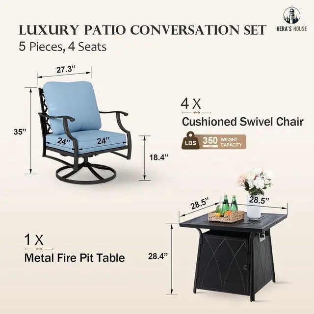 Alt view image 6 of 6 - HERA'S HOUSE 5-Piece Steel Wrought Iron Outdoor Conversation Set, 4 Seats | 28 in Fire Pit Table, Blue Swivel Chair, Single chairs could support up to 350lbs