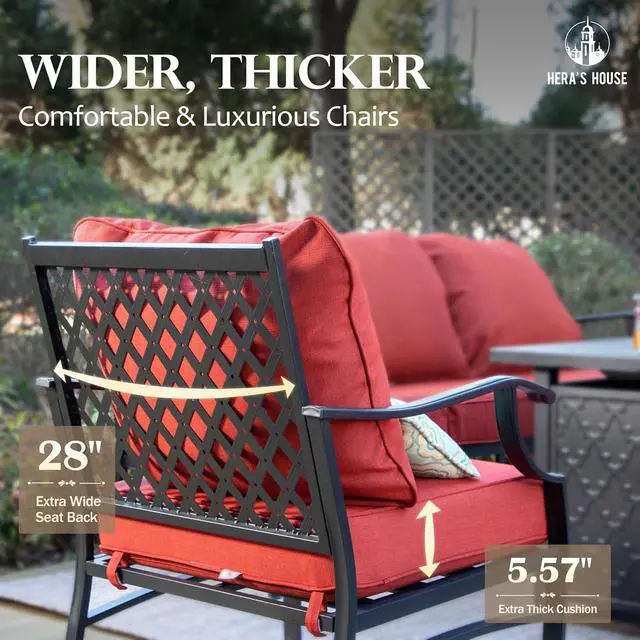 Alt view image 4 of 6 - HERA'S HOUSE 5-Piece Steel Wrought Iron Outdoor Conversation Set, 4 Seats | Fire Pit Table, Red Rocking Chair, Single chairs could support up to 350lbs, Modern