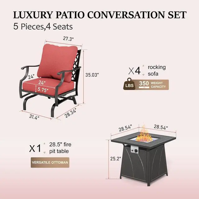 Alt view image 6 of 6 - HERA'S HOUSE 5-Piece Steel Wrought Iron Outdoor Conversation Set, 4 Seats | Fire Pit Table, Red Rocking Chair, Single chairs could support up to 350lbs, Modern