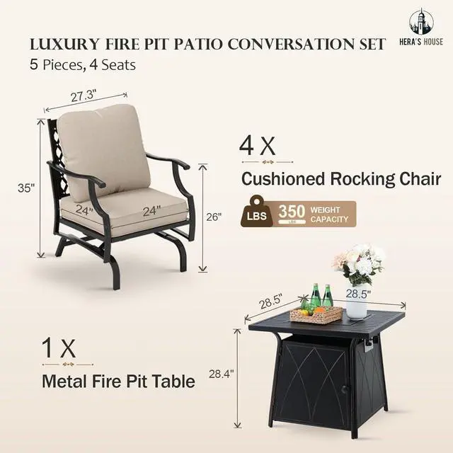 Alt view image 6 of 7 - HERA'S HOUSE 5-Piece Steel Wrought Iron Outdoor Conversation Set, 4 Seats | Fire Pit Table, Beige Rocking Chair, Single chairs could support up to 350lbs