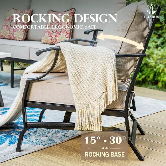 Alt view image 7 of 7 - HERA'S HOUSE 4-Piece Metal Steel Outdoor Conversation Set, Fire Pit Table | 5 Seats, Beige, Rocking chair, Single chairs could support up to 350lbs