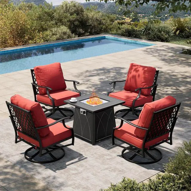 Main image of HERA'S HOUSE 5-Piece Steel Wrought Iron Outdoor Conversation Set, 4 Seats | 28 in Fire Pit Table, Red Swivel Chair, Single chairs could support up to 350lbs