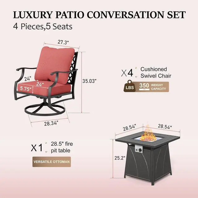 Alt view image 6 of 6 - HERA'S HOUSE 5-Piece Steel Wrought Iron Outdoor Conversation Set, 4 Seats | 28 in Fire Pit Table, Red Swivel Chair, Single chairs could support up to 350lbs