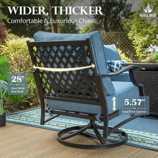 Alt view image 4 of 7 - HERA'S HOUSE 5-Piece Steel Wrought Iron Outdoor Conversation Set, 4 Seats | 28 in Fire Pit Table, Navy Blue Swivel Chair, Single chairs could support up to 350lbs