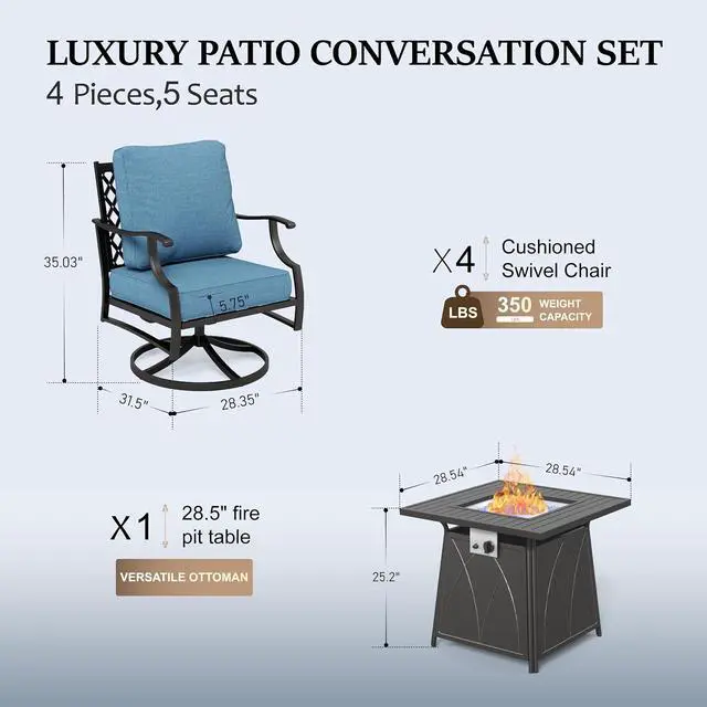 Alt view image 7 of 7 - HERA'S HOUSE 5-Piece Steel Wrought Iron Outdoor Conversation Set, 4 Seats | 28 in Fire Pit Table, Navy Blue Swivel Chair, Single chairs could support up to 350lbs