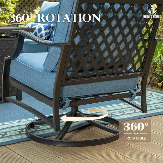 Alt view image 6 of 7 - HERA'S HOUSE 5-Piece Steel Wrought Iron Outdoor Conversation Set, 4 Seats | 28 in Fire Pit Table, Navy Blue Swivel Chair, Single chairs could support up to 350lbs