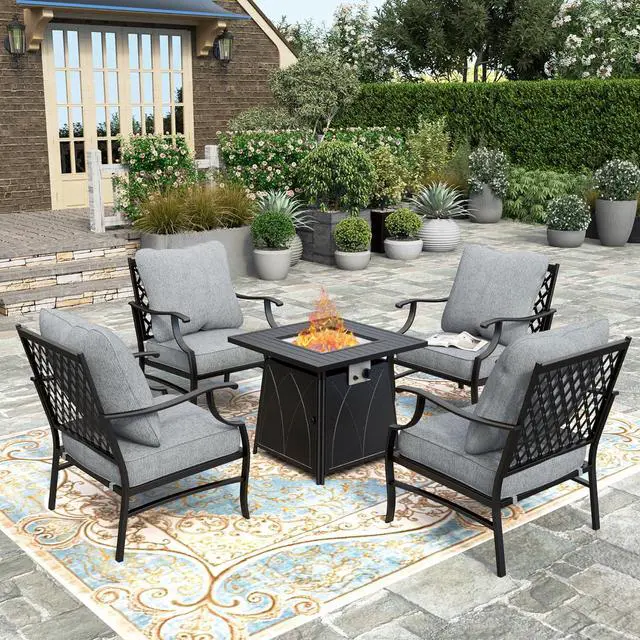 Main image of HERA'S HOUSE 5-Piece Steel Wrought Iron Outdoor Conversation Set, 4 Seats | Fire Pit Table, Gray Leg Chair, Single chairs could support up to 350lbs