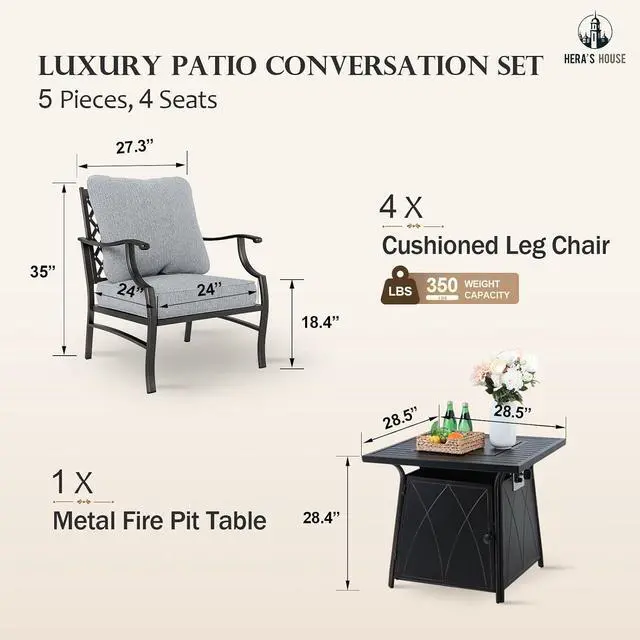 Alt view image 6 of 6 - HERA'S HOUSE 5-Piece Steel Wrought Iron Outdoor Conversation Set, 4 Seats | Fire Pit Table, Gray Leg Chair, Single chairs could support up to 350lbs